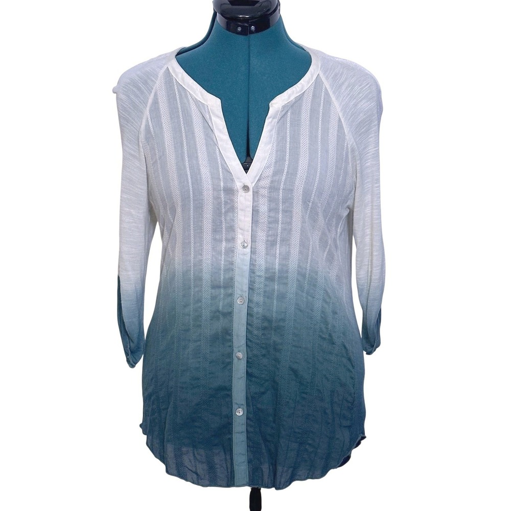TINY Ombre‎ Dip Dye Button Up Shirt Top White Teal 3/4 Sleeve Women's Size M